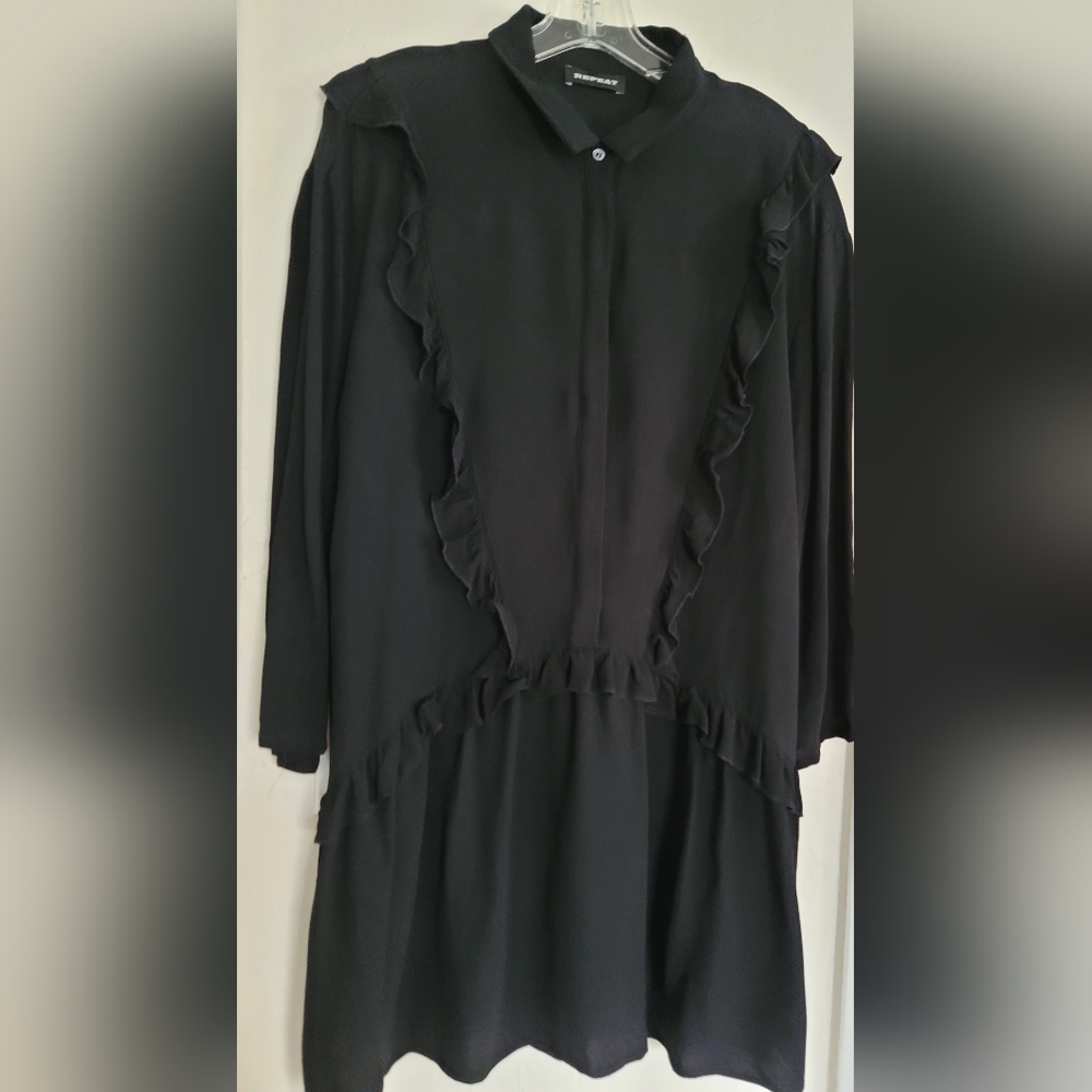 Repeat Cashmere Black Ruffle Mini Shirt Dress Womens Size 42/Medium Crepe - Picture 7 of 15